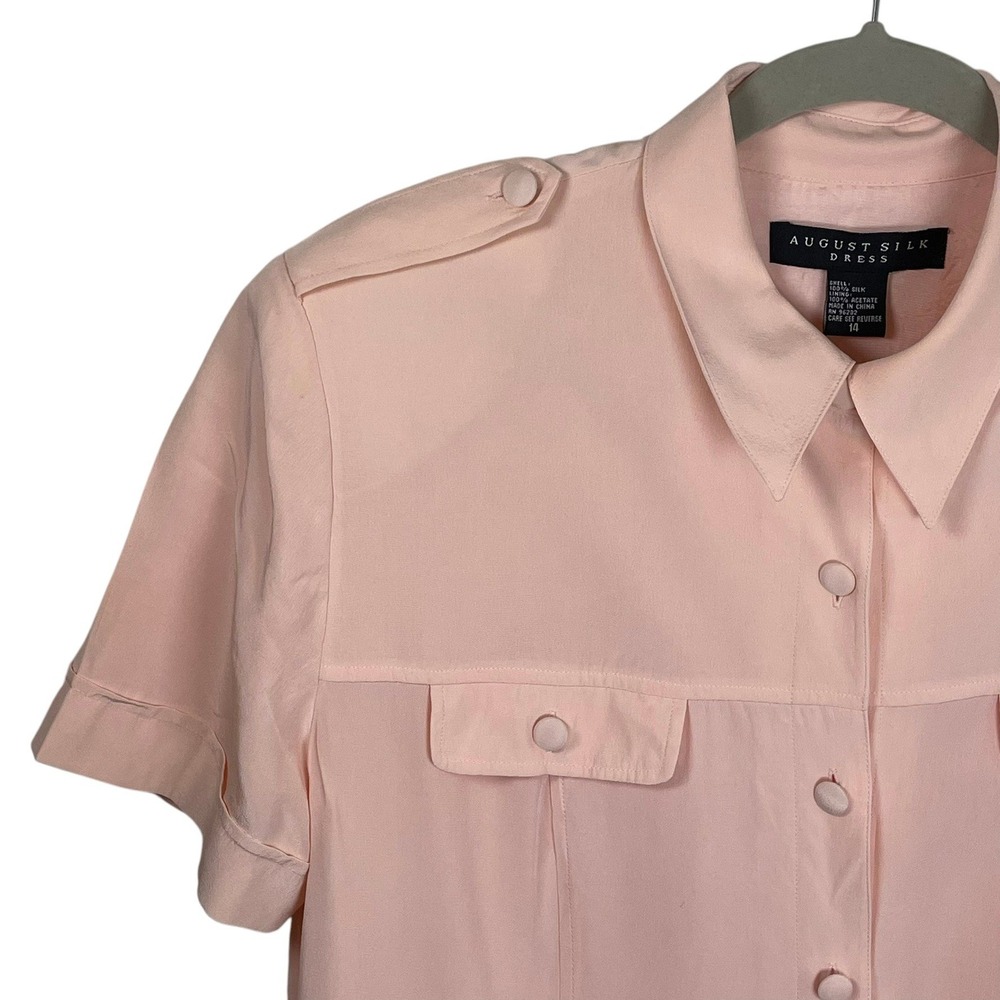 August Silk Womens Pink 100% Silk Short Sleeve Button Front Shirt Dress Size 14 - Picture 6 of 13